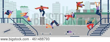 Young People Performing Parkour In The City, Flat Vector Illustration.