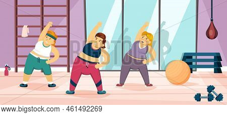 Fat People In Gym. Body Positive Characters Making Sport Exercises Daily Healthy Lifestyle. Vector C