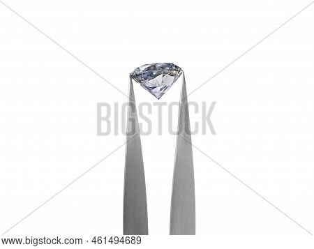 Diamond On White Background Held In Diamond Tweezers