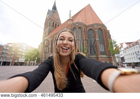 Self Portrait Of Smiling Woman In Hanover Main Square, Germany
