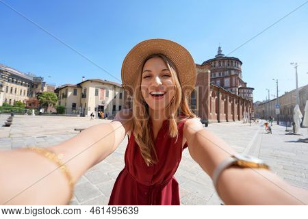 Smiling Tourist Takes Selfie With The Church Of Santa Maria Delle Grazie Which Preserves 