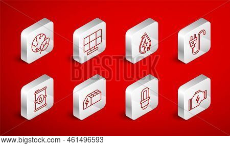 Set Line Check Engine, Solar Energy Panel, Water, Electric Plug, Led Light Bulb, Earth Globe And Lea