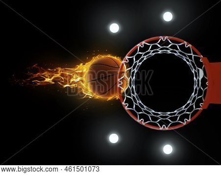 3d Illustration Of Fiery Basketball Ball Flying To Hoop On Black Background