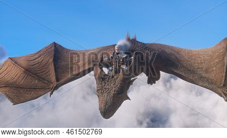White Haired Female Warrior Knight Flies On A Dragon Above The Clouds.fantasy Artwork Scene. Cgi Ani