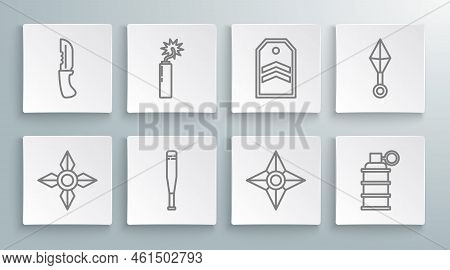 Set Line Japanese Ninja Shuriken, Dynamite Bomb Stick Clock, Baseball Bat, Hand Grenade, Chevron, An