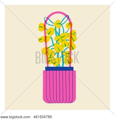 Succulent In Pot In The Style Of Risograph. Tropical Houseplant With Leaves. Contrasting Three-color