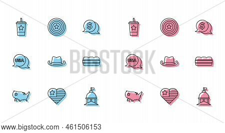 Set Line Usa Map, Independence Day, Paper Glass With Straw, White House, Western Cowboy Hat, Sandwic