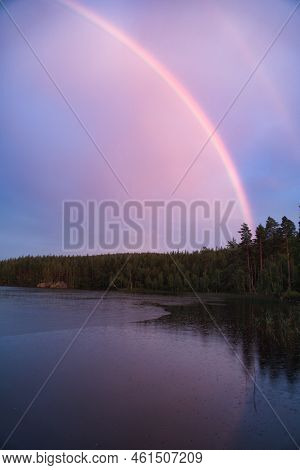 Rainbow Reflected In The Lake When It Rains. In The Background Forest, On The Lake Reeds And Water L