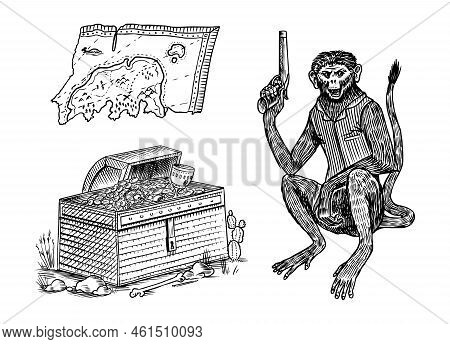 Monkey Pirate With A Revolver And A Chest Of Gold And A Piece Of A Nautical Chart. Engraved Hand Dra