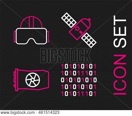 Set Line Binary Code, Video Graphic Card, Satellite And Virtual Reality Glasses Icon. Vector