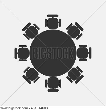 Round Table For Talks Graphic Icon. Table And Chairs Around Him Sign Isolated On White Background. V