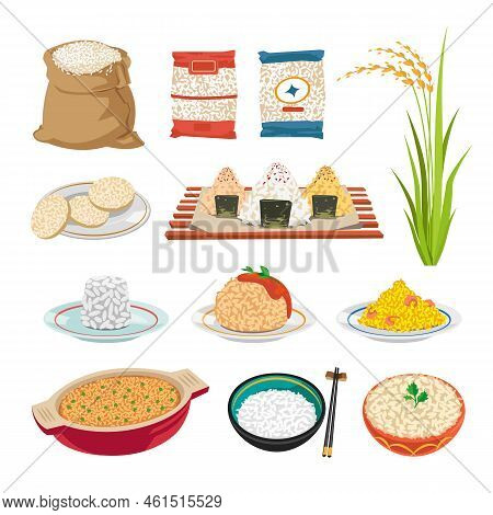 Rice Dishes Cartoon Illustration Collection. Rice Bag, Package And Bowl, Onigiri Serving On Tray, Cr