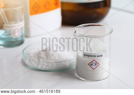 Propionic Acid In Glass, Chemical In The Laboratory And Industry