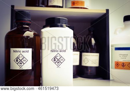 Nitric Acid In Bottle, Chemical In The Laboratory And Industry