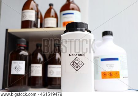 Nitric Acid In Bottle, Chemical In The Laboratory And Industry