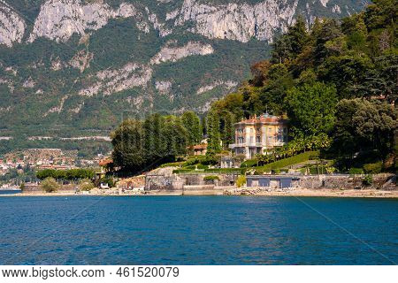 Beautiful Panorama Of Lake Como With A Small Coastal Town, Famous Tourism Destination