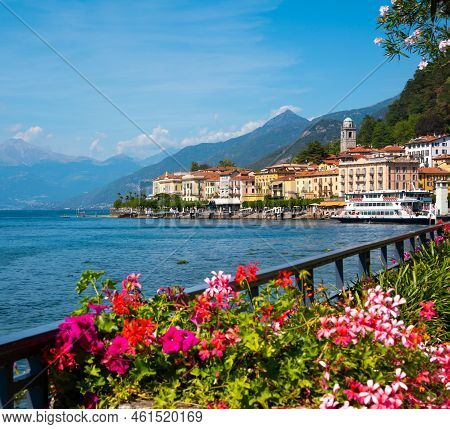 Beautiful Coast Of Lake Como In Summer With Flowers, Famous Tourism Destination