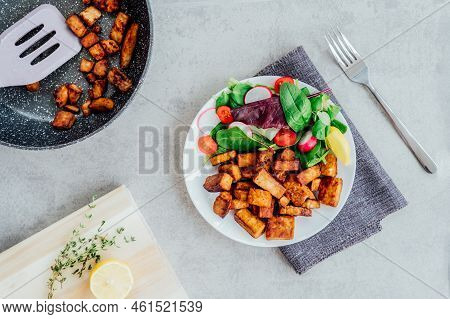 Top View Healthy Salad With Cherry Tomato, Beetroot Straws, Spinash And Lettuce Leaves And Portion O