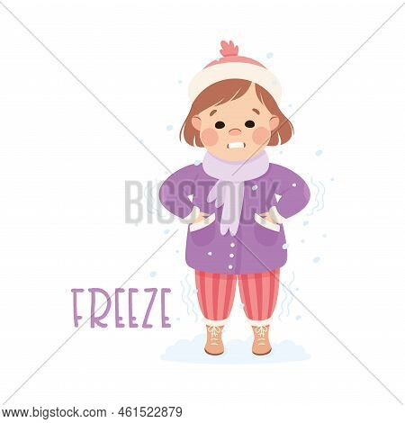 Little Girl Freezing In Cold Winter Demonstrating Vocabulary And Verb Studying Vector Illustration