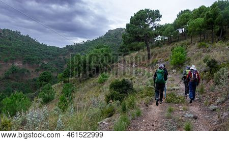 Hikers Walking Along A Path In The Sierra De Almiijara And Tejeda With Pine Trees And A Cloudy Storm