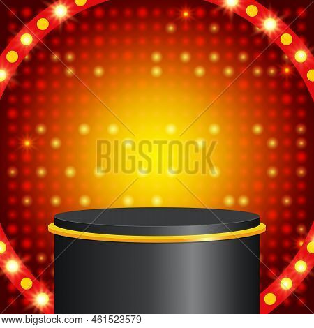 Abstract Vector Red Shining Mosaic Background Illustration With Roung Banner And Black Podium
