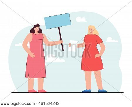 Two Cartoon Women With Sign And Sheet Of Paper. Female Character With Placard Making Announcement Fl