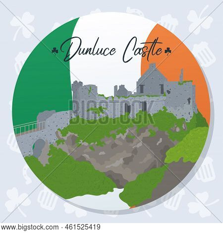 Colored Irish Sticker With Dunluce Castle Landmark Vector Illustration