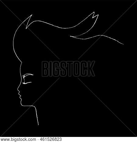 One Line - The Profile Of A Girl With Hair On Wind, Black On White, Minmalist Continuous Line Technq