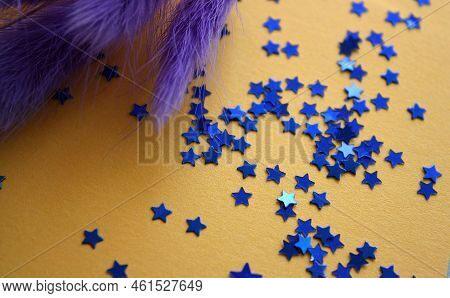 Bunnytail Violet Dried Soft Grass On Festive Golden Background With Blue Stars.