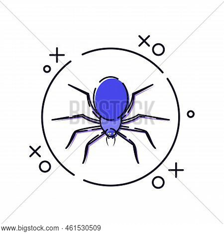 Spider On The Web In Line Art. Helloween Creepy Insects. Colorful Vector Illustration Isolated On Wh