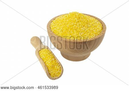 Corn Grits  In Wooden Bowl And Scoop Isolated On White Background. Nutrition. Food Ingredient.