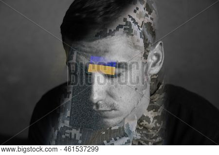 Defocus Ukrainian Man, Sodier. Mental Health. Nervous Male Military Suffering Depression, Ptsd Conce