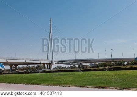 Dubai, Uae - April 15, 2021: The Construction Road Bridge To Naif Alradjhi Investment In Dubai At Sp