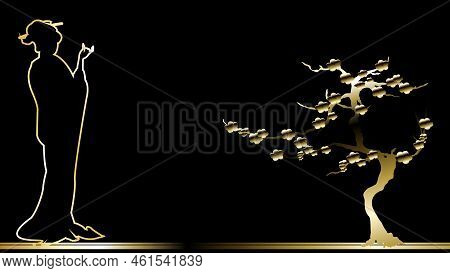 Japanese Geisha Woman Elegant Golden Luxury Illustration Background In Vector Format