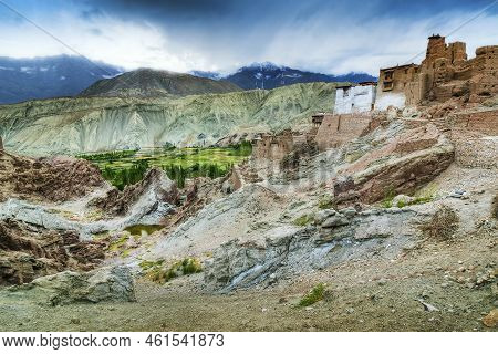 Ruins At Basgo Monastery With Stones , Rocks And A Pond