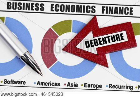 Business Concept. Against The Background Of The Diagrams, An Arrow With The Inscription - Debenture