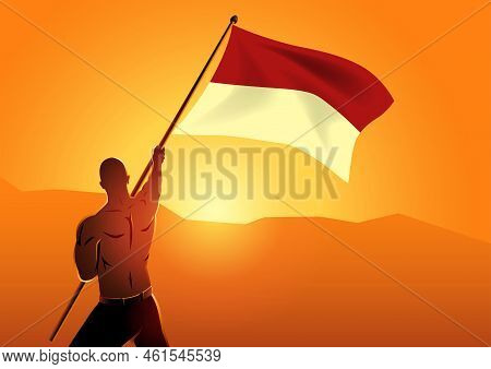 Vector Illustration Of A Muscular Man Holding The Flag Of Indonesia, Independence Day, 17 August 194