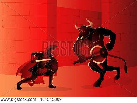 Vector Illustration Of Theseus Vs Minotaur, Greek Mythology Series