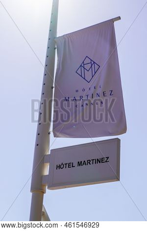 Cannes , Paca  France - 08 09 2022 : Martinez La Plage Of Luxurious Hotel In Cannes City Beach Coast