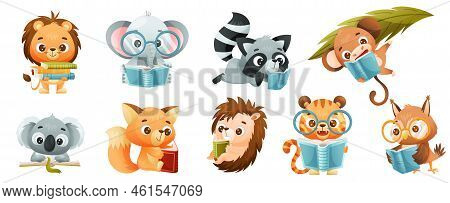 Cute Animals Reading Book In Hard Cover Enjoying Interesting Story Vector Set