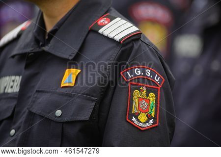 Bucharest, Romania - September 13, 2022: Details With The Igsu (romanian Firefighters) Logo On A Uni