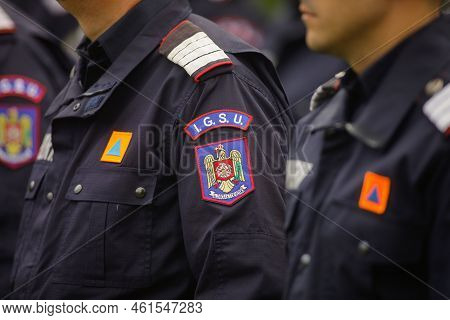 Bucharest, Romania - September 13, 2022: Details With The Igsu (romanian Firefighters) Logo On A Uni