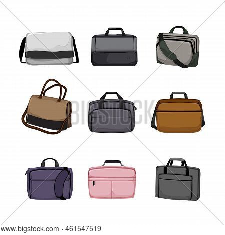 Laptop Bag Set Cartoon. Business Computer, Travel Fashion, Briefcase Modern, Case Leather, Backpack 