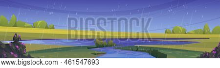 Nature Landscape With River Mouth Flow Into Pond At Summer Rain Or Storm. Lake In Green Fields With 