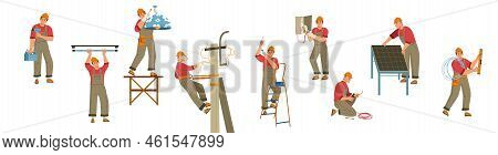 Electrician Worker With Tools, Ladder And Wires Doing Maintenance Works Isolated On White Background