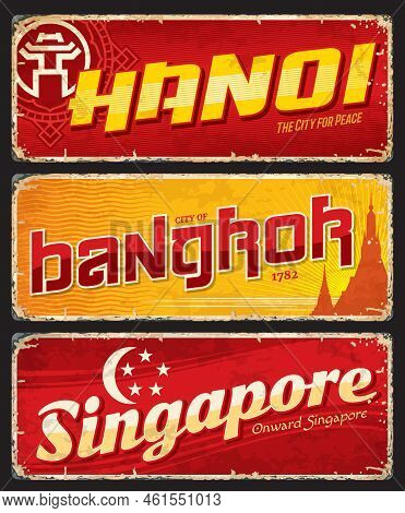 Hanoi, Bangkok, Singapore City Travel Plates And Luggage Tags, Vector Stickers. Vietnam, Thailand, S