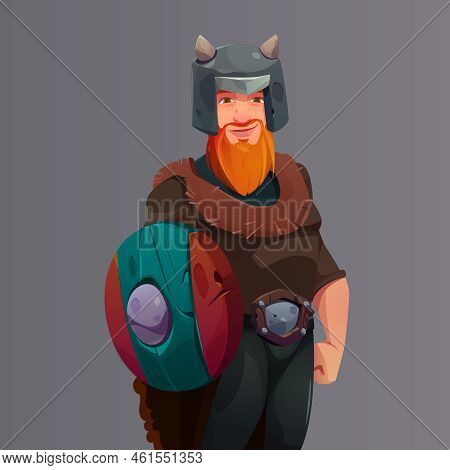 Viking Character, Strong Scandinavian Man In Helmet With Wooden Shield. Medieval Warrior With Red Be