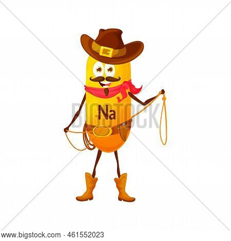 Sodium Or Natrium Micronutrient Cowboy Character. Funny Vector Na Vitamin Robber Or Bandit With Lass