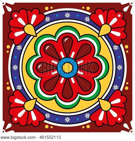 Mexican Vector Ceramic Signle And Seamless Tile Pattern - Talavera Background With Flowers, Texile, 