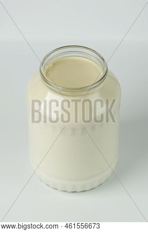 A Jar Of Homemade Clabber, Sour Milk. Natural Kefir.